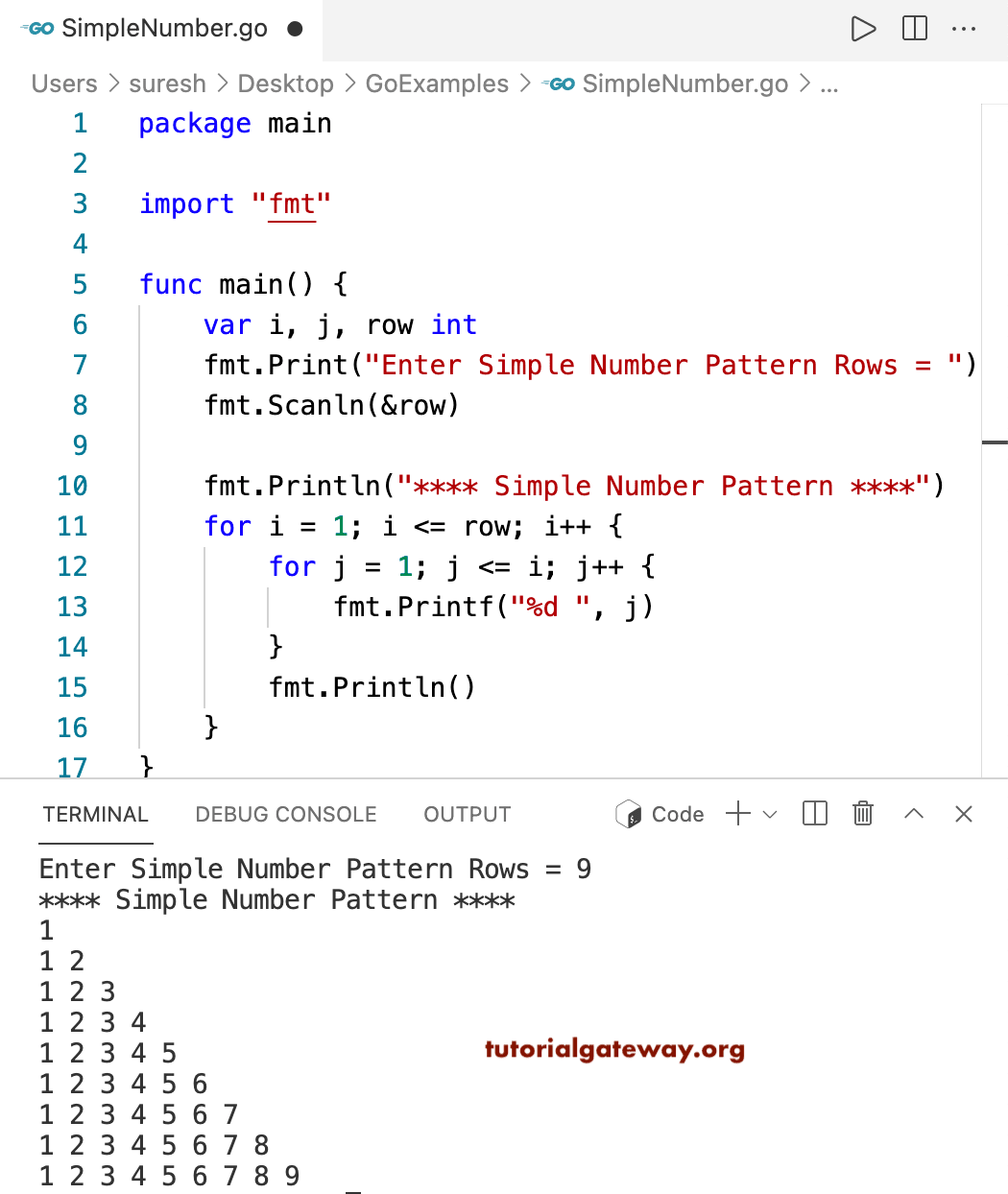 Go Program to Print a Simple Number Pattern