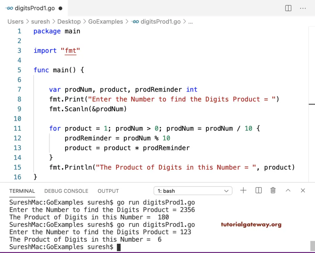 Go Program to find Product of Digits in a Number 1