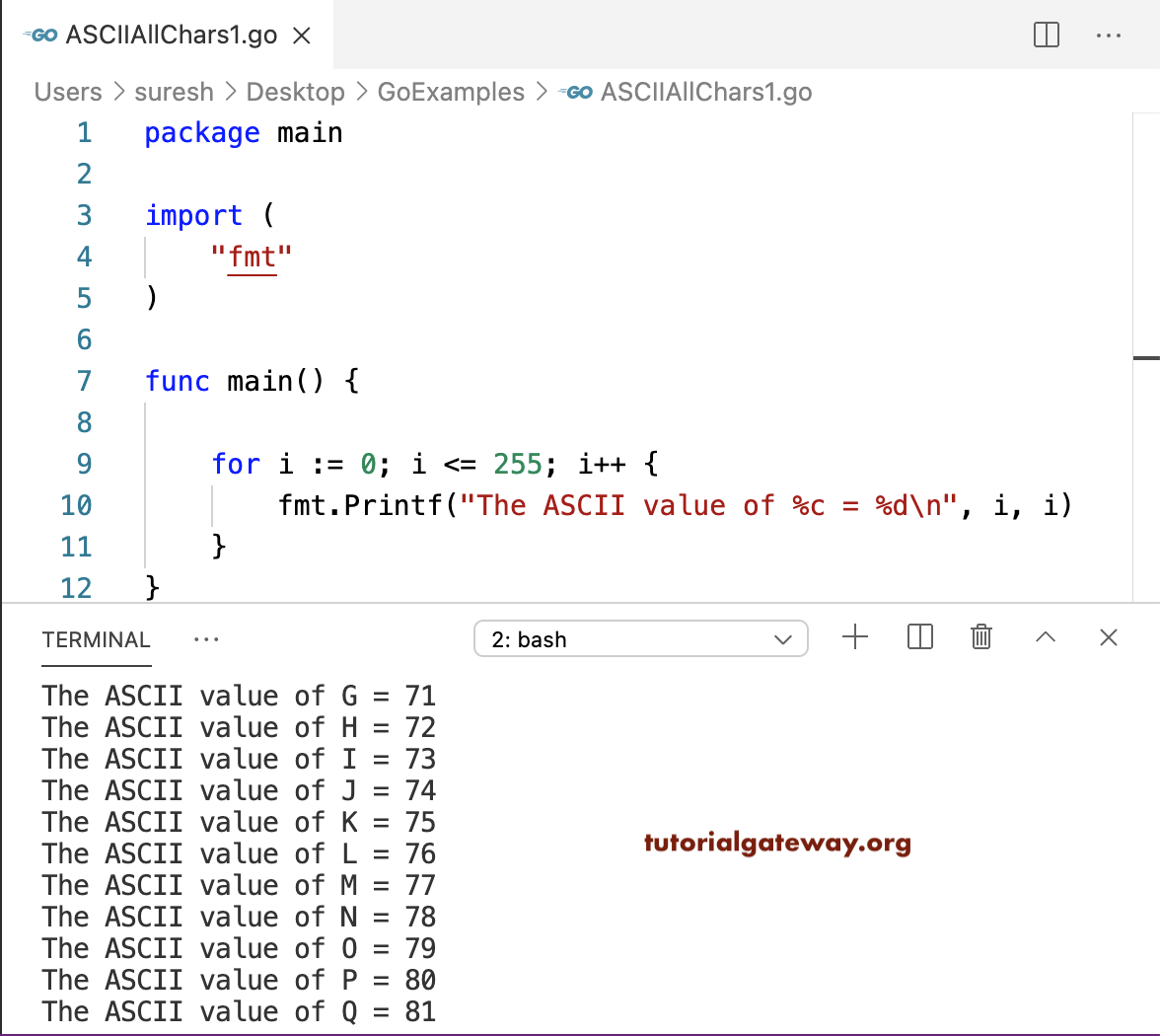 Go program to Print ASCII Values of All Characters 1