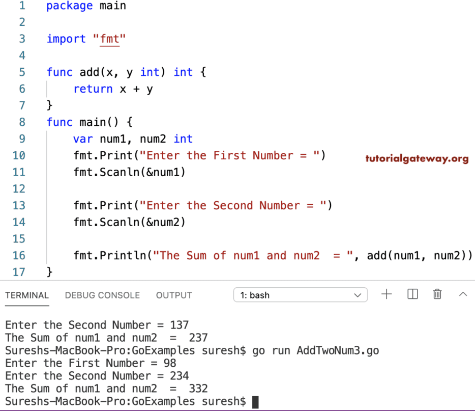 Go Program to Add Two Numbers