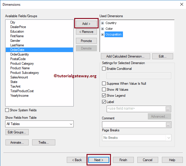 Add Available fields to used Dimensions 6