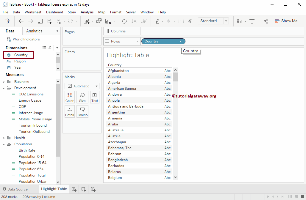 Tableau Highlight Table Report with country 2