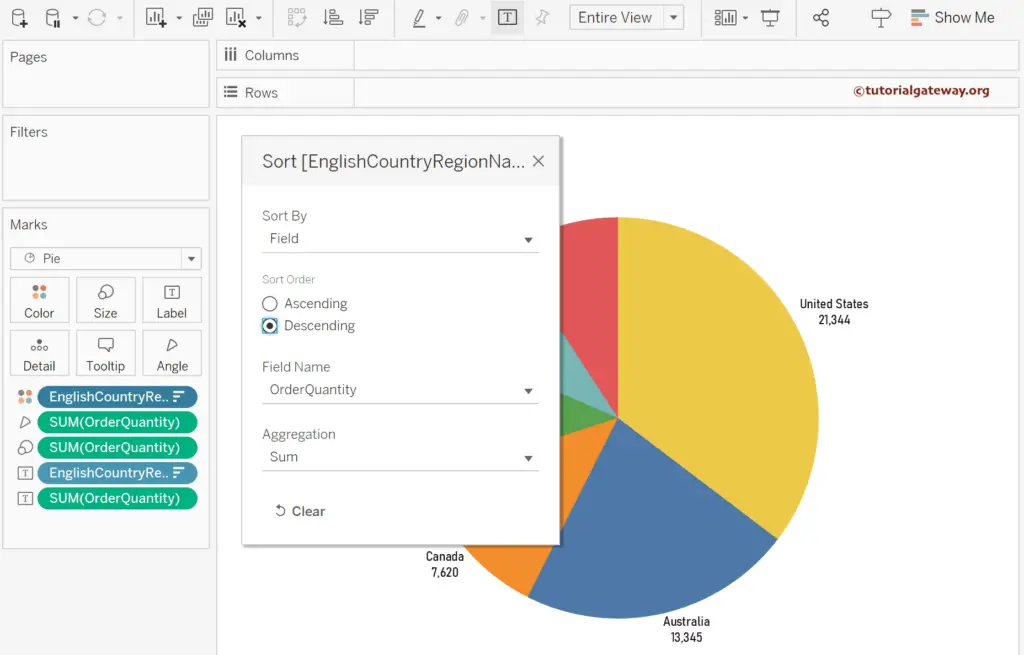 Sort Tableau Pie chart using a Measure Field or Value