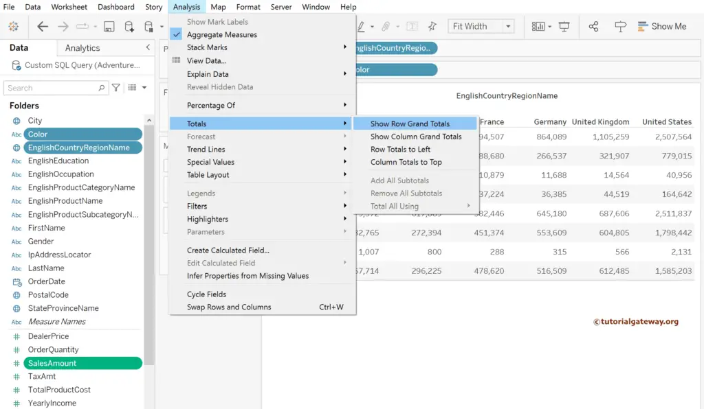 Use Analysis Menu to add Row and Column Totals in Tableau