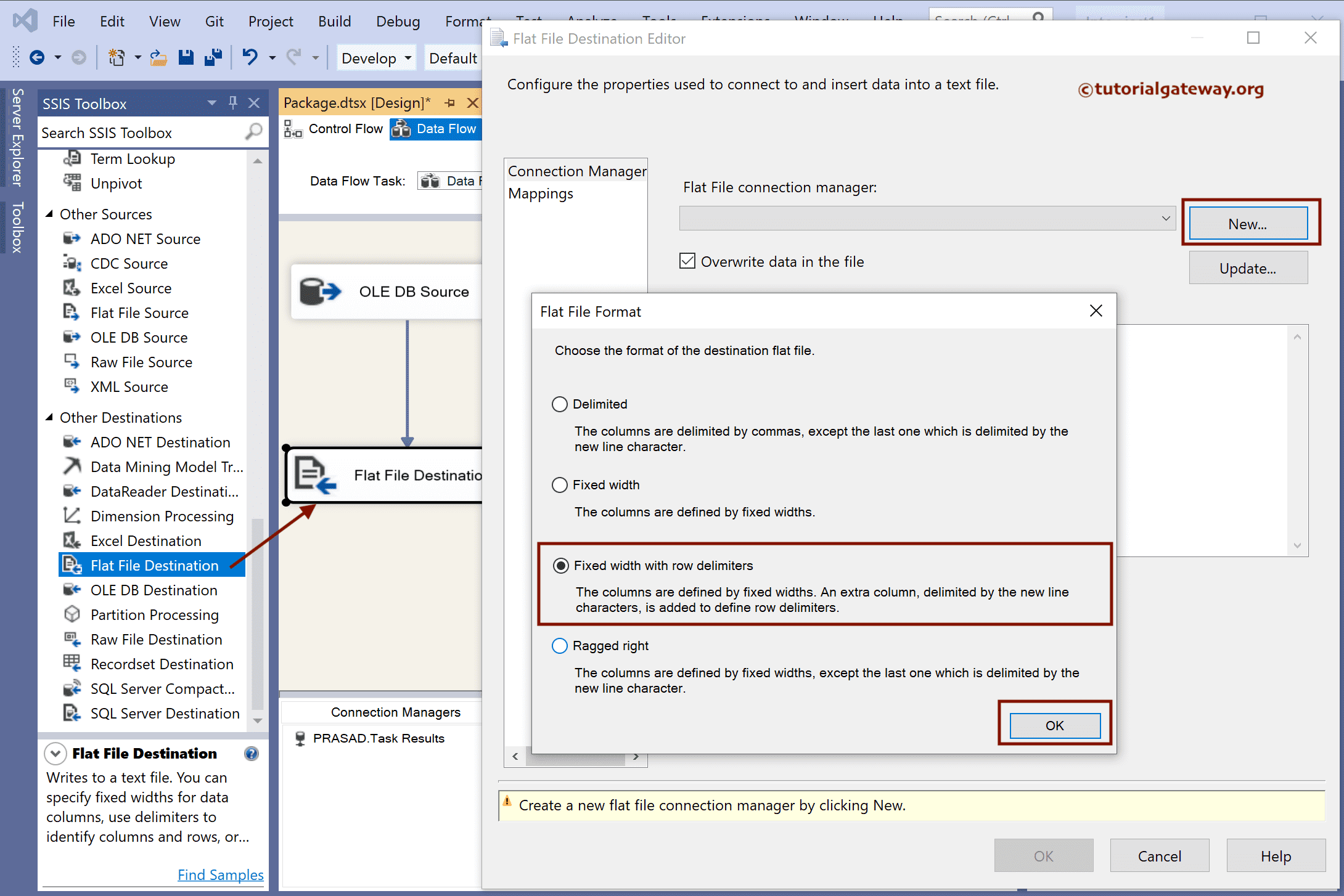Choose Fixed Width with Row Delimiter option in SSIS to export SQL Server table data to flat file