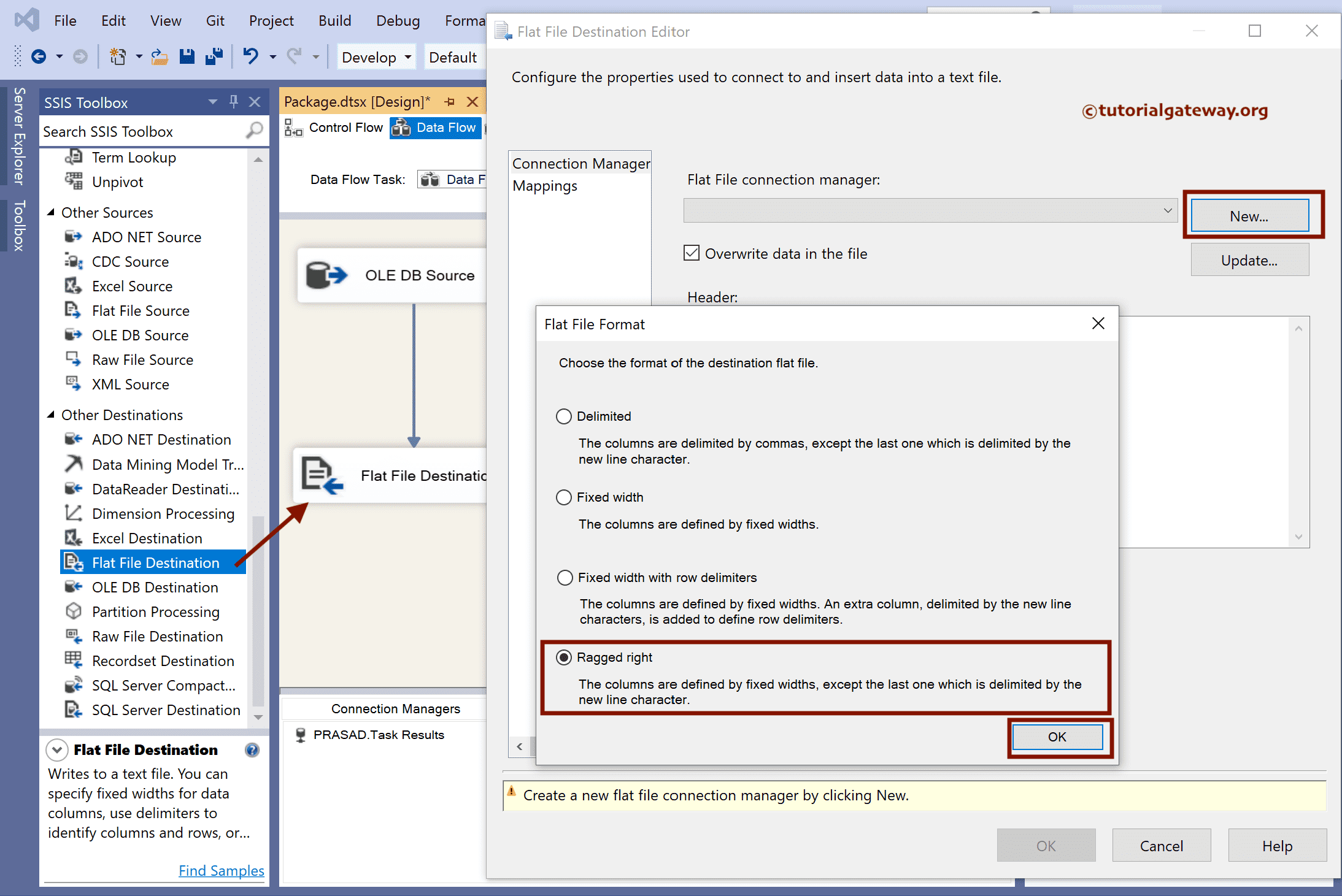 Choose Ragged Right File Format option in SSIS to export SQL Server table data to fixed width flat file