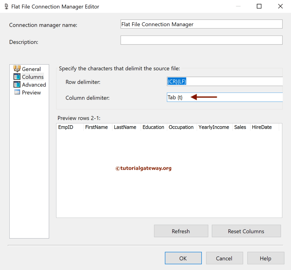 Change the Column Delimiter to Tab in SSIS to export SQL Server data to flat file