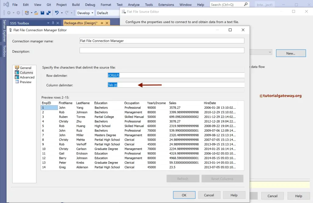 Change the Column Delimiter for SSIS Load Data From Tab Delimiter File to SQL Server