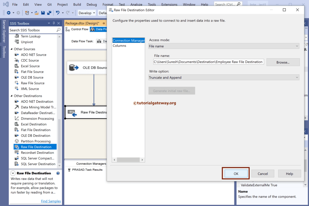 Set SSIS Raw File Destination Write Option to Truncate And Append