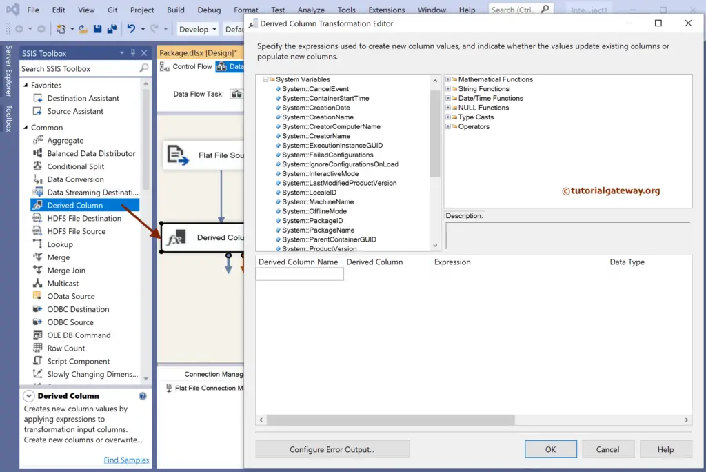 Derived Column Transformation Editor for SSIS System Variables