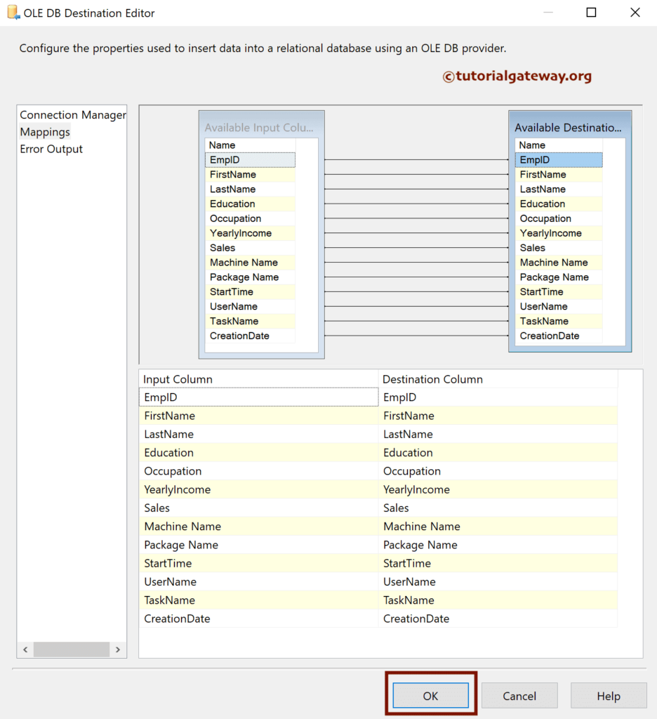 check the input and available destination column mapping