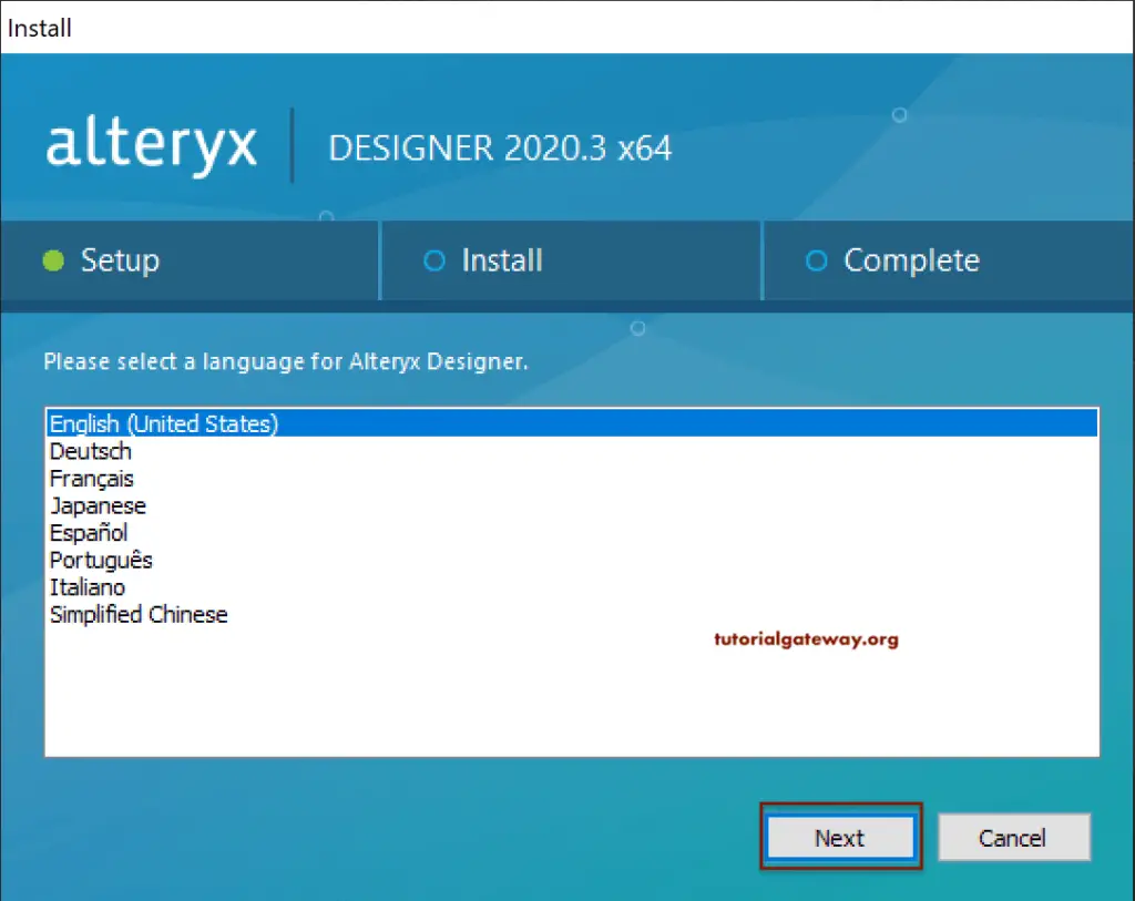 Choose Default Language to install Alteryx 3