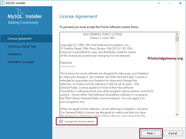 Accept GNU License Terms to Install MySQL on Windows 3
