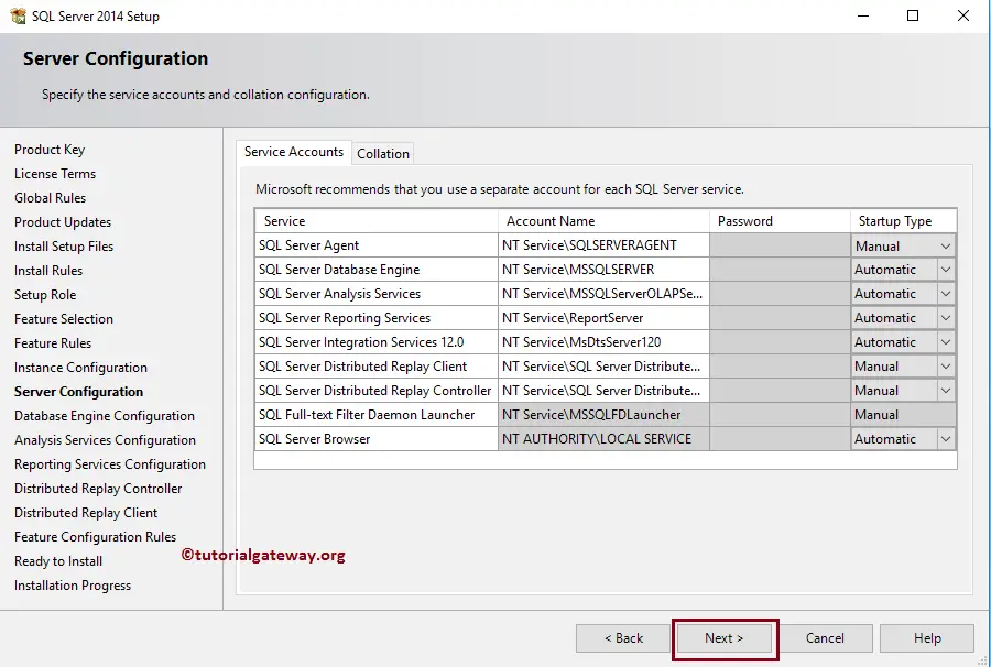 Server Configuration such as Service Accounts 10