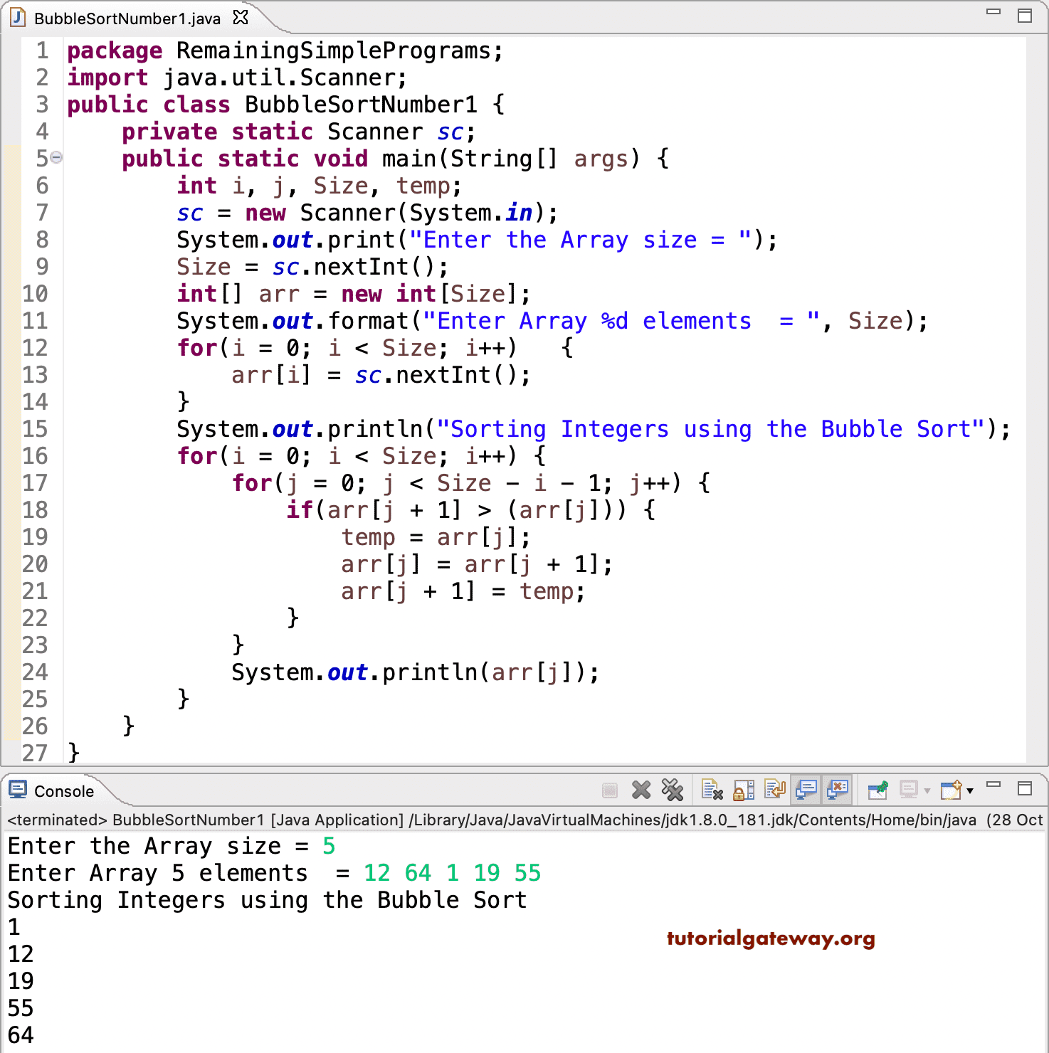 Java Bubble Sort Program on Integers