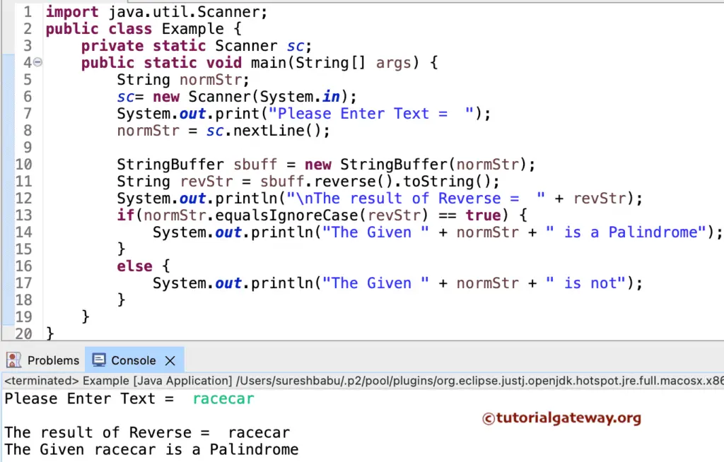Java Program to Check Palindrome String using StringBuffer