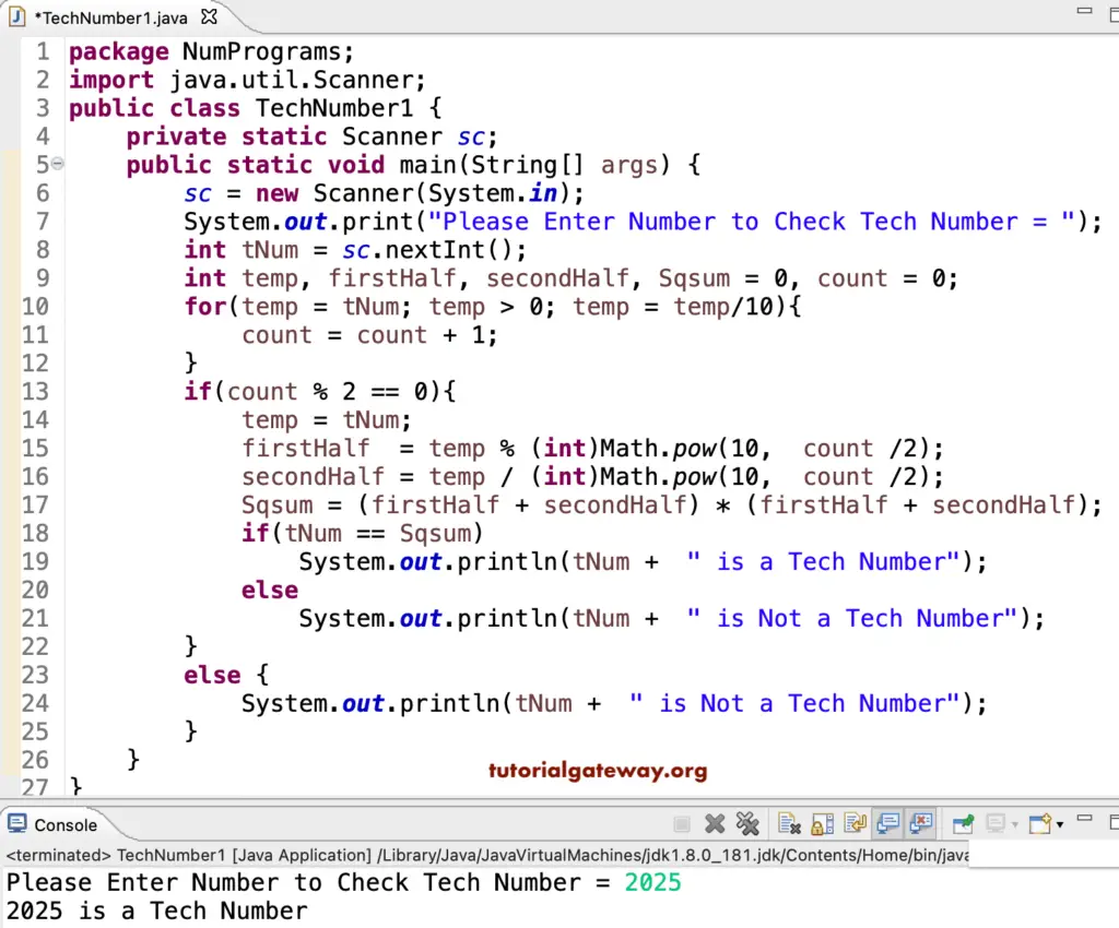 Java Program to Check Tech Number
