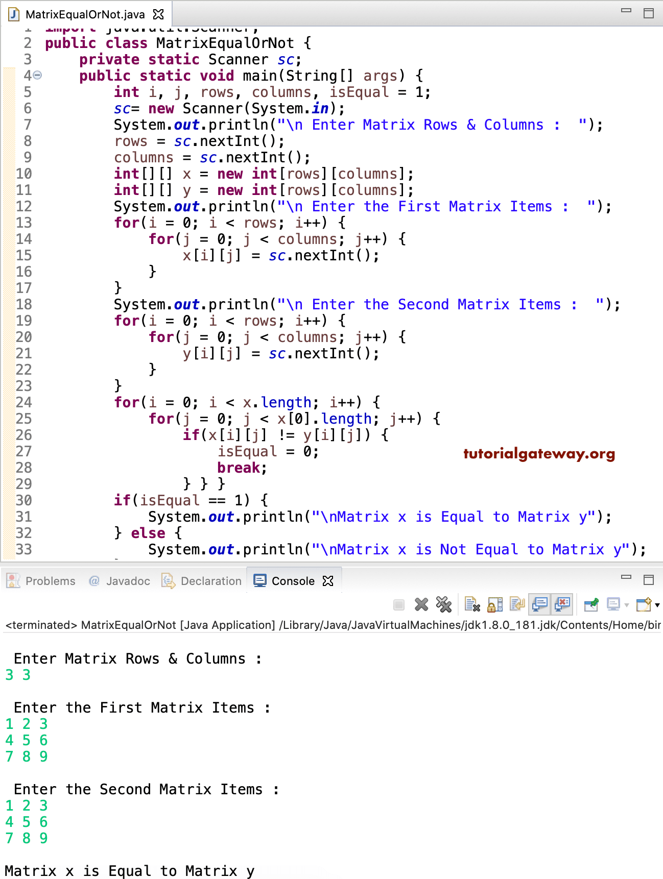 Java Program to Check Matrices are Equal 2