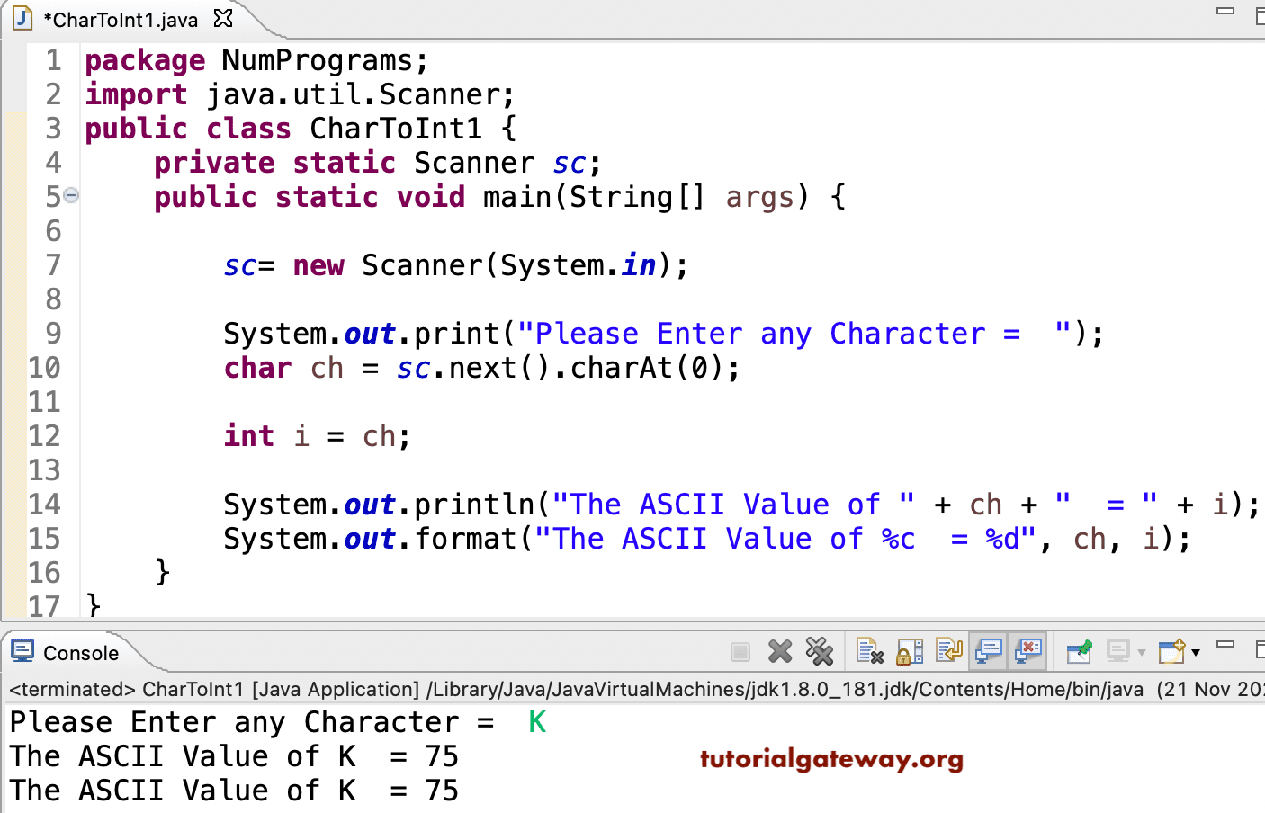 Java Program to Convert Char to Int