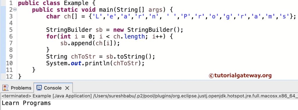 Java Program to Convert Character Array To String using StringBuilder