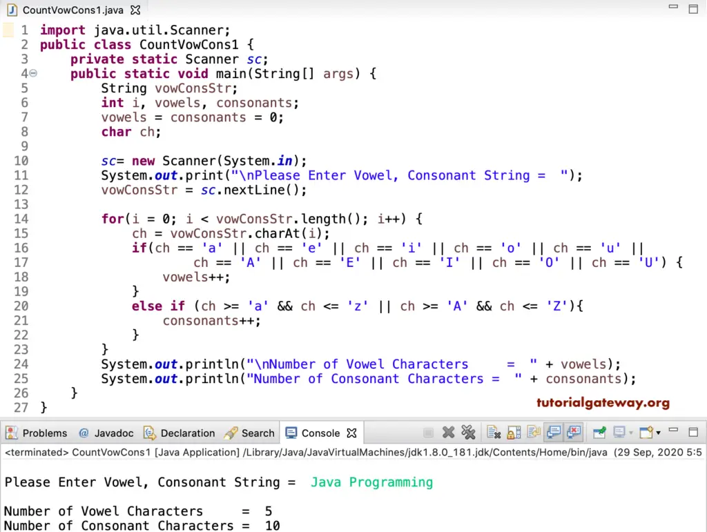 Java Program to Count Vowels and Consonants in a String 1