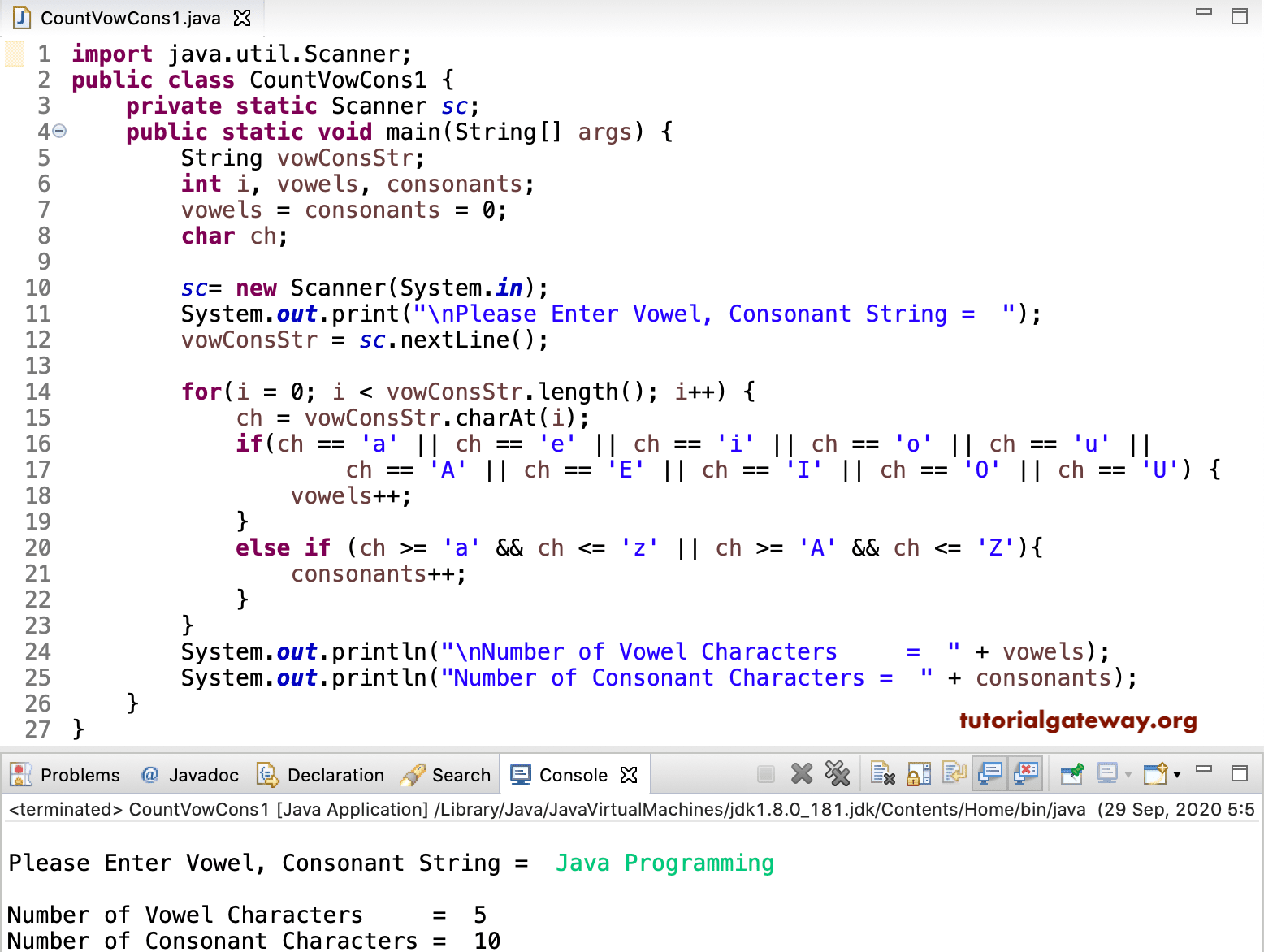 Java Program to Count Vowels and Consonants in a String 1