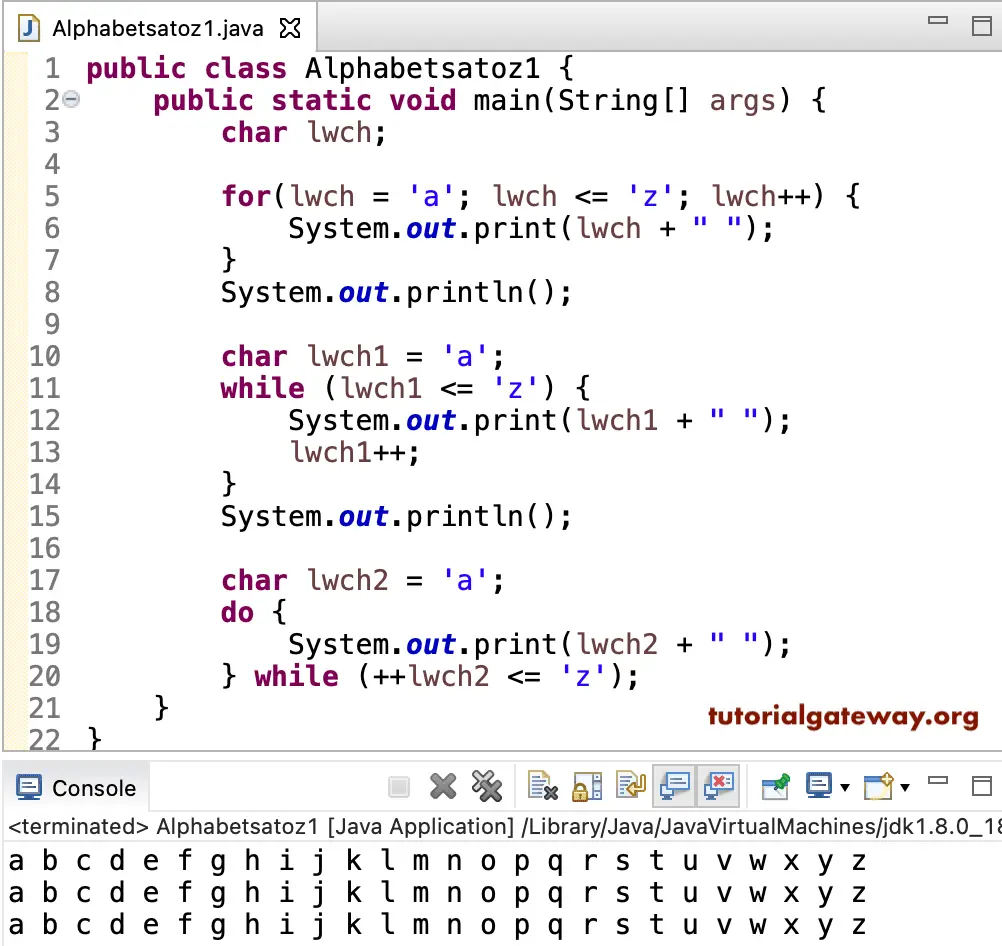 Java Program to Display Alphabets from a to z 1