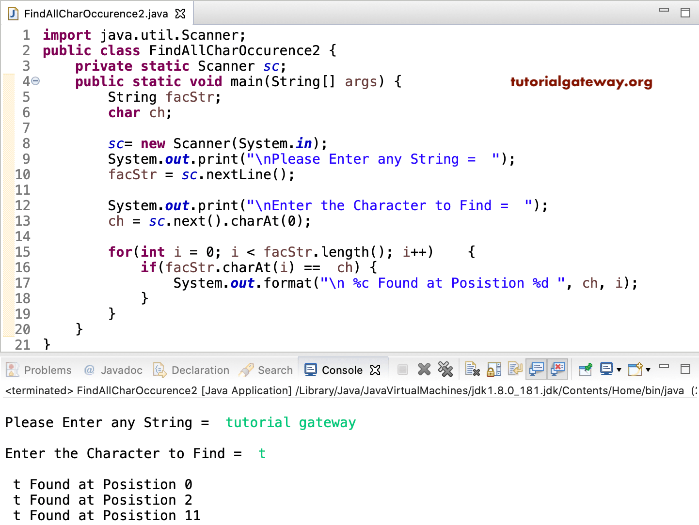 Java Program to Find All Occurrences of a Character in a String 2