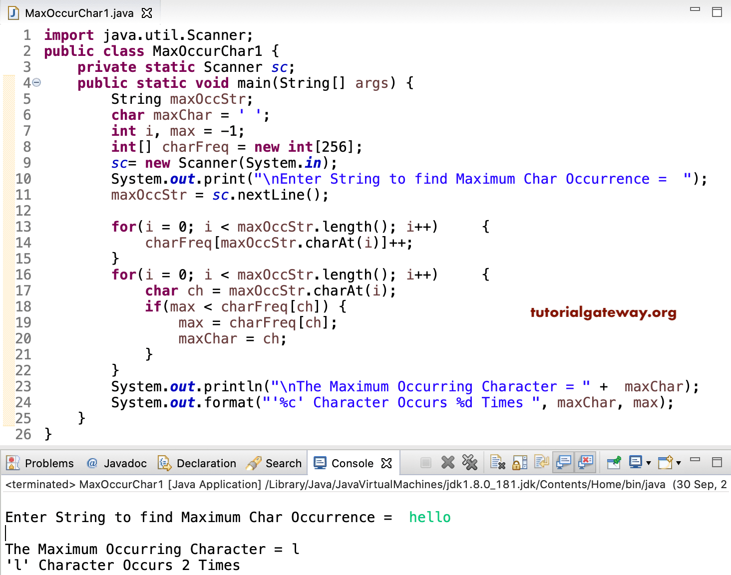Java Program to Find Maximum Occurring Character in a String 1