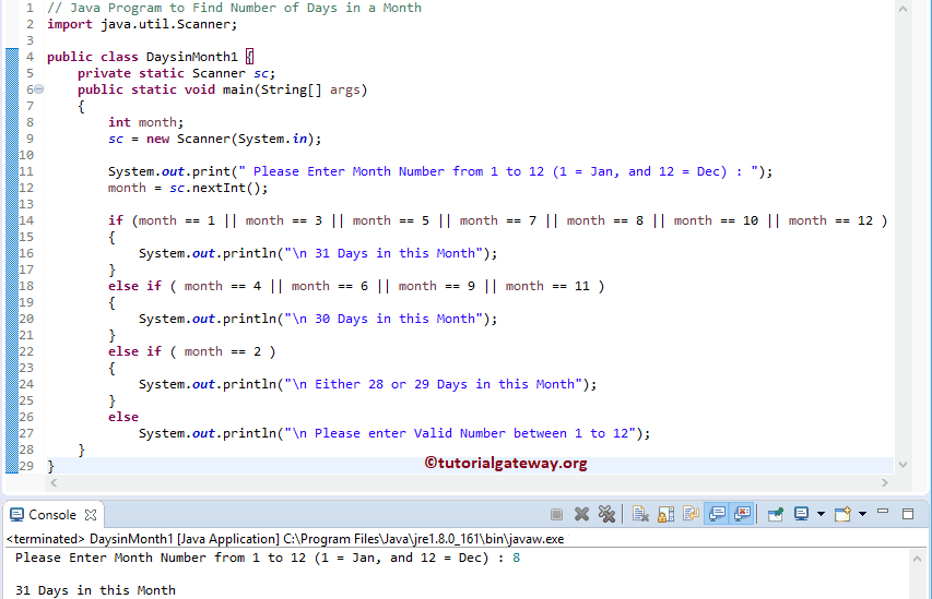 Java Program to Find Number of Days in a Month 1