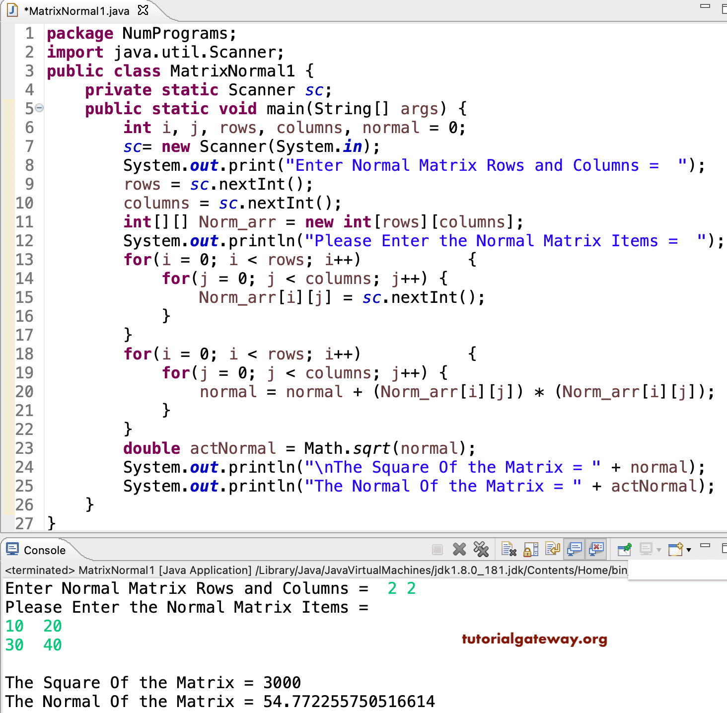 Java Program to Find the Normal of a Matrix
