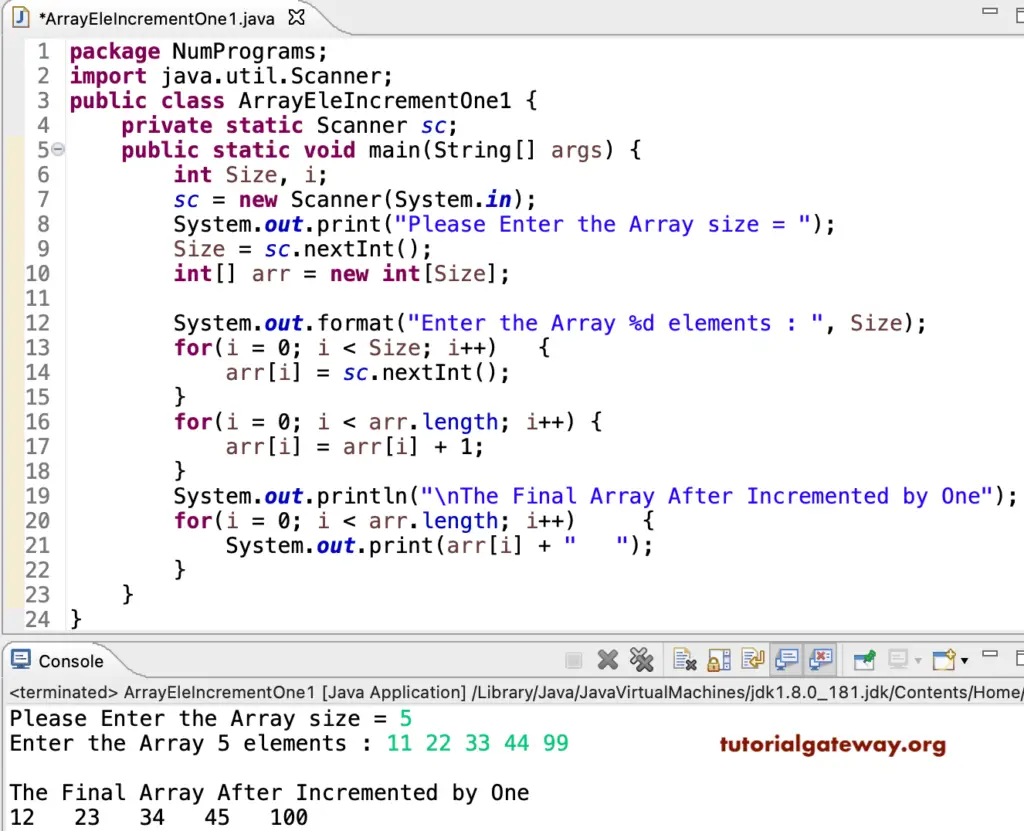 Java Program to Increment All Elements of an Array by One