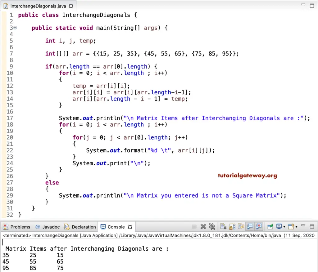 Java Program to Interchange Matrix Diagonals 1