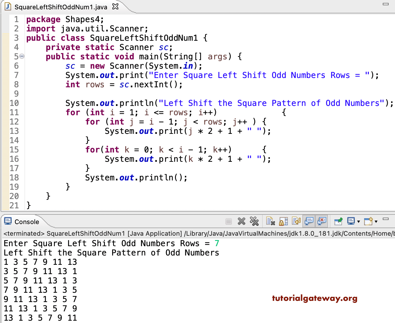 Java Program to Left Shift the Square Pattern of Odd Numbers