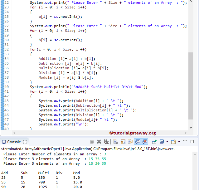 Java Program to Perform Arithmetic Operations on Array 1