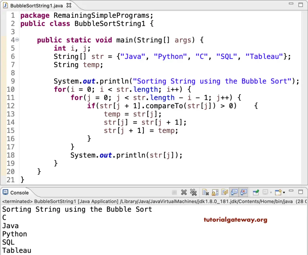 Java Program to Perform Bubble Sort on Strings