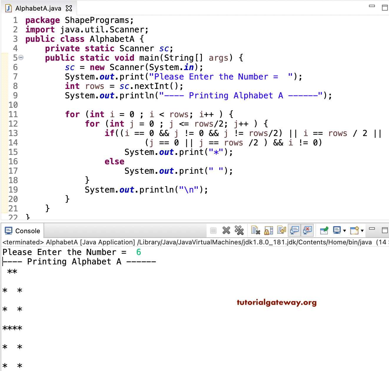 Java Program to Print Alphabet A using stars 1