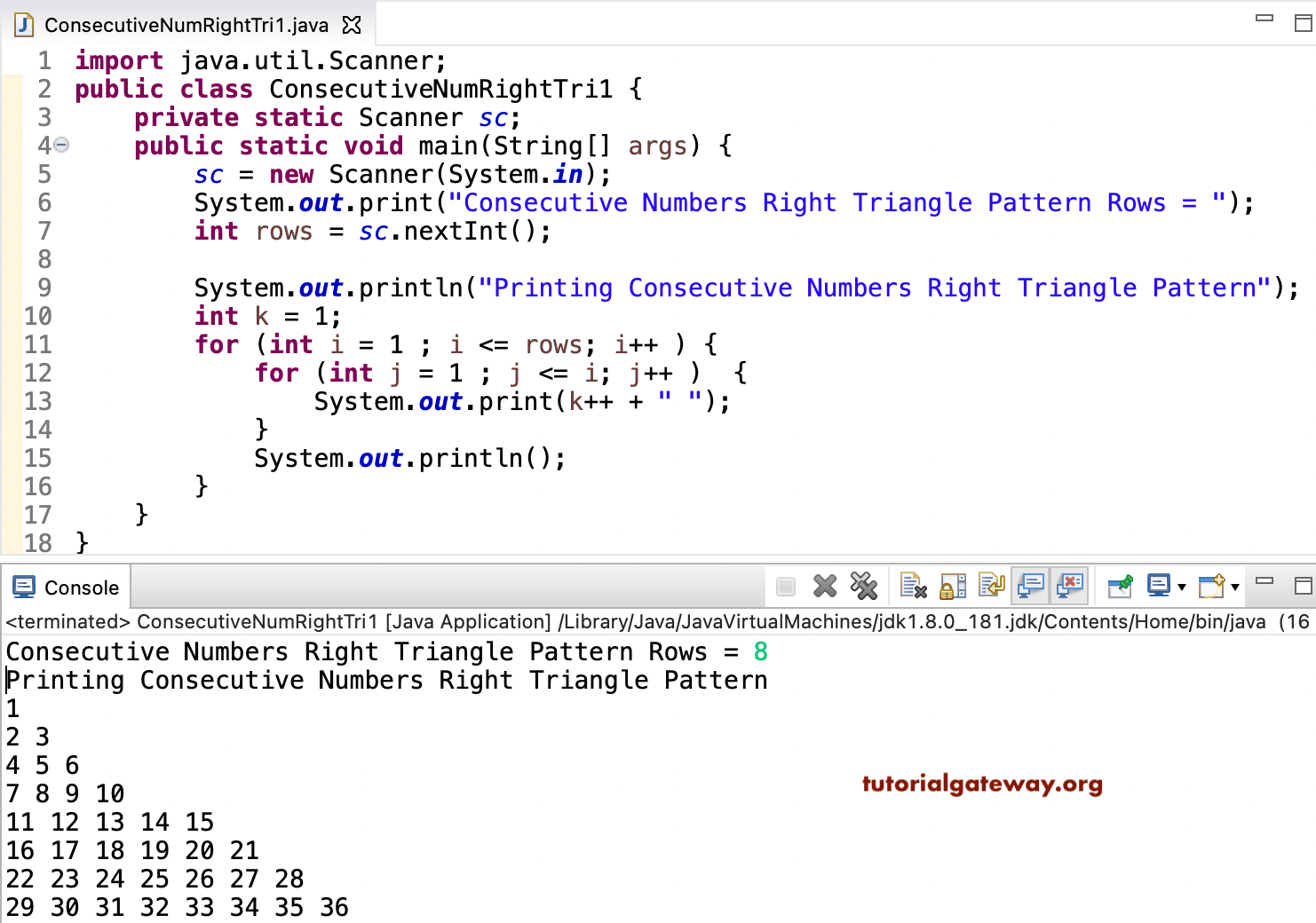 Java Program to Print Consecutive Numbers Right Triangle Columns 1