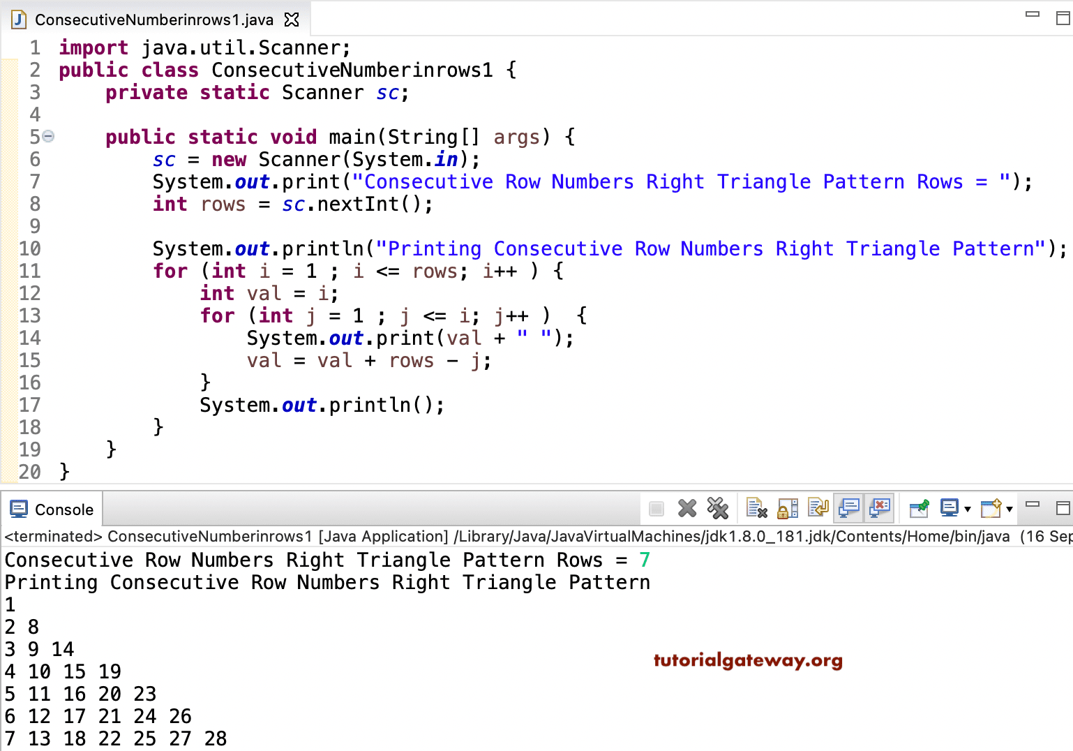 Java Program to Print Consecutive Numbers Right Triangle Rows 1