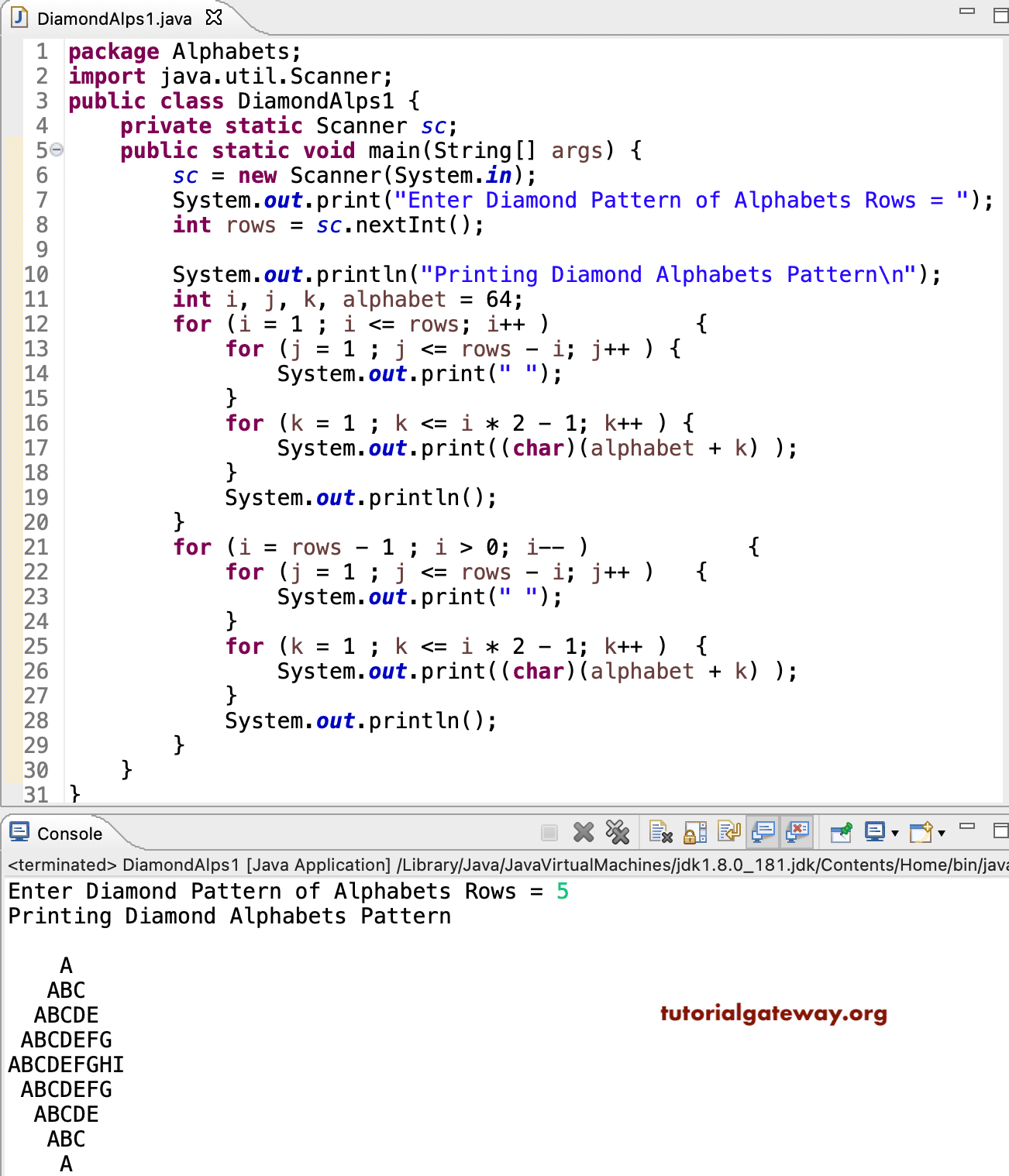 Java Program to Print Diamond Alphabets Pattern