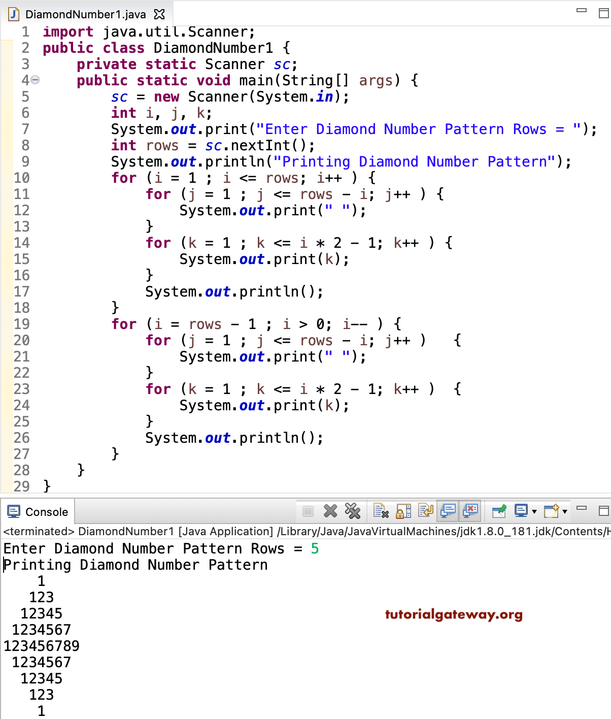 Java Program to Print Diamond Number Pattern 1