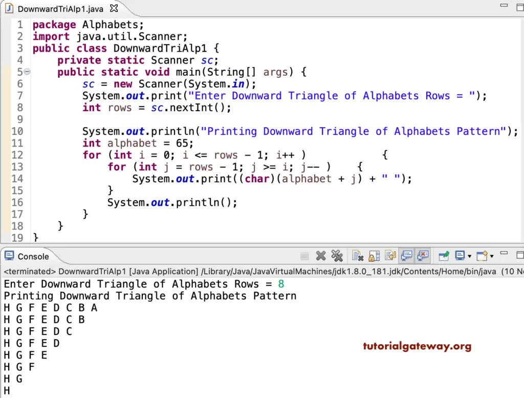 Java Program to Print Downward Triangle Alphabets Pattern