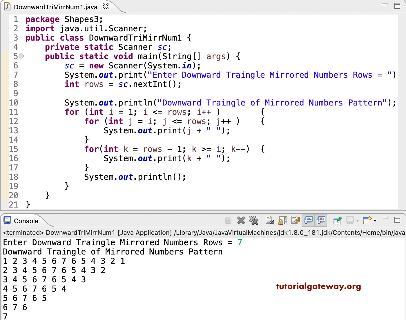 Java Program to Print Downward Triangle Mirrored Numbers Pattern