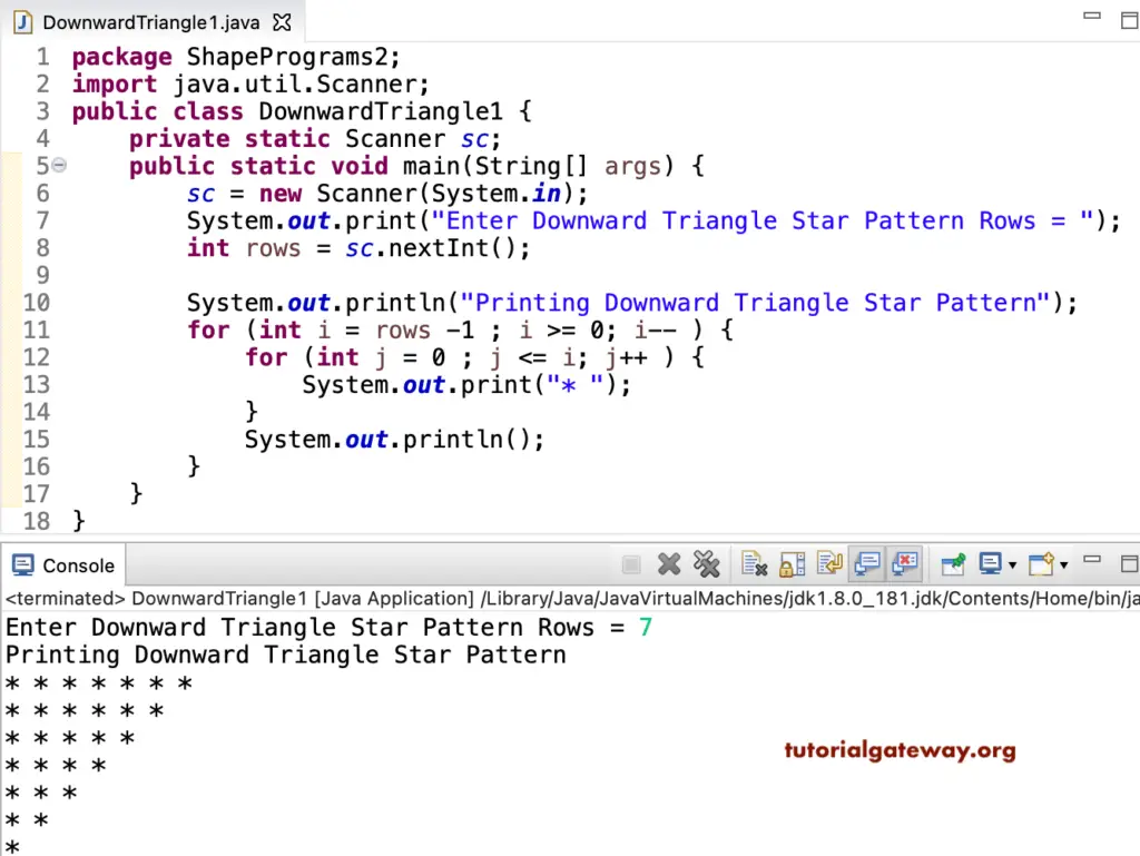 Java Program to Print Downward Triangle Star Pattern