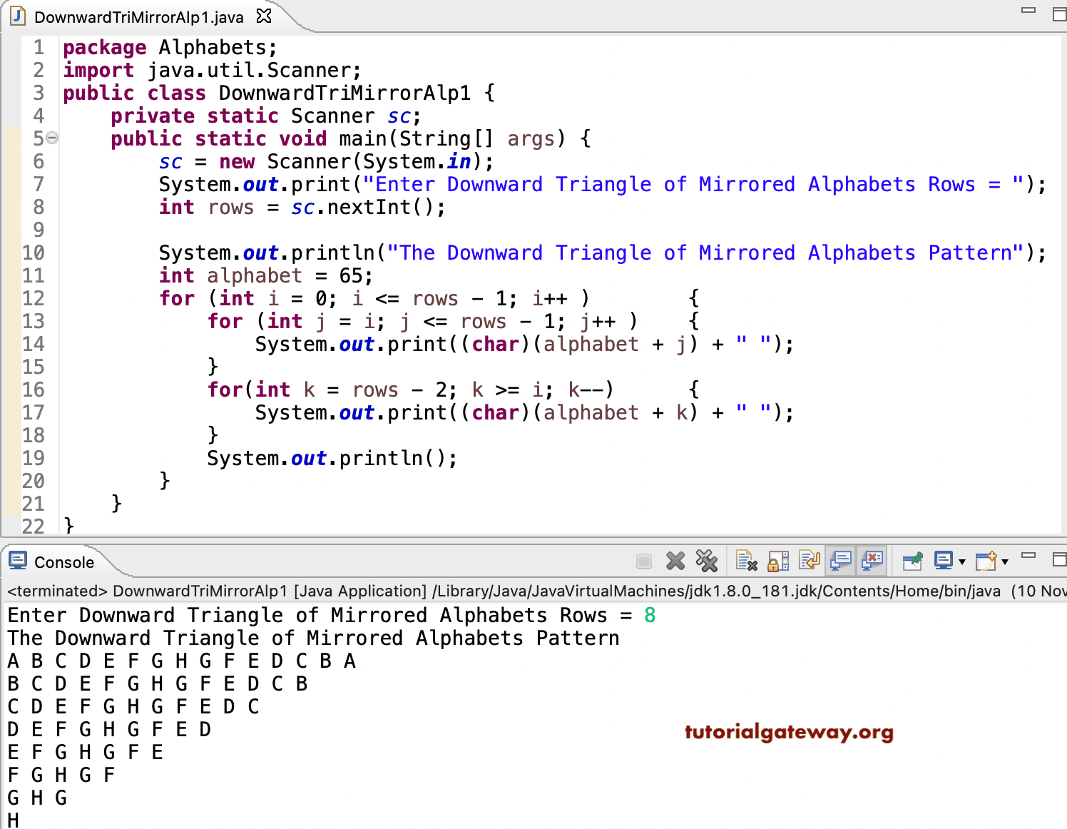 Java Program to Print Downward Triangle of Mirrored Alphabets Pattern