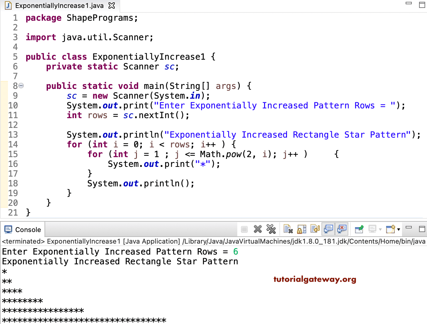 Java Program to Print Exponentially Increased Star Pattern 1