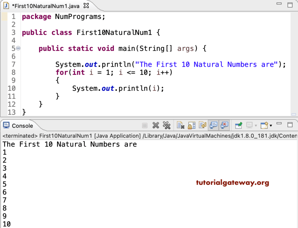 Java Program to Print First 10 Natural Numbers