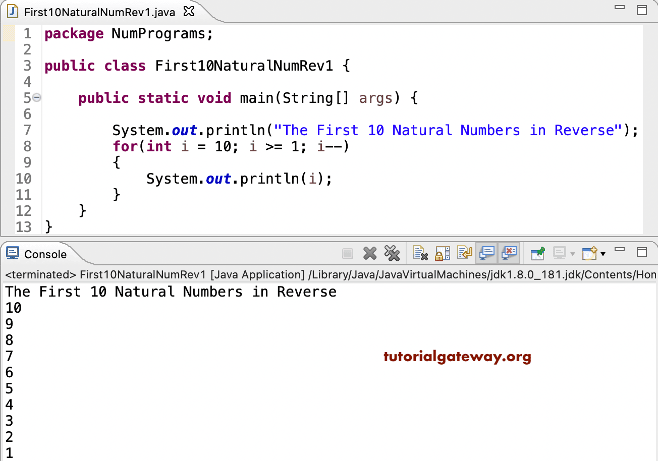 Java Program to Print First 10 Natural Numbers in Reverse