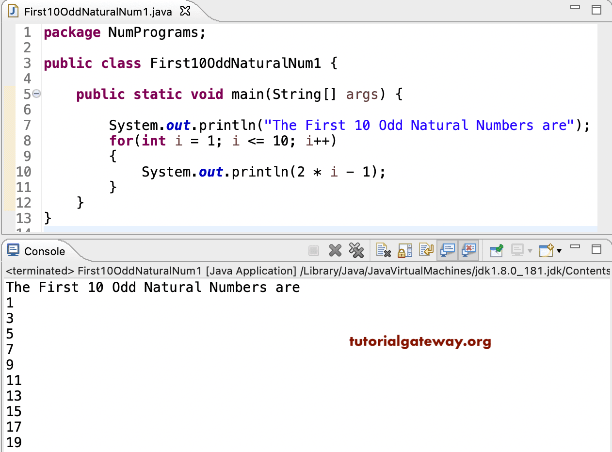 Java Program to Print First 10 Odd Natural Numbers