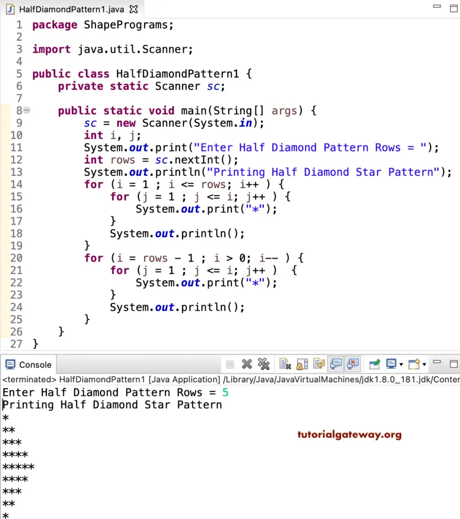Java Program to Print Half Diamond Star Pattern 1